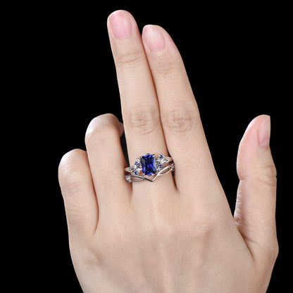 Vintage Emerald cut blue sapphire engagement ring set Nature inspired sapphire wedding ring set white gold leaf vine bridal set for women