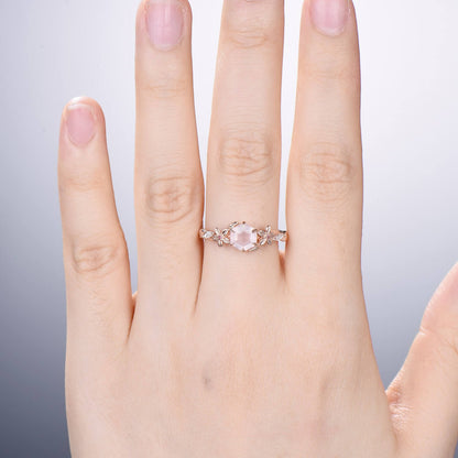Nature Inspired Flower Rose Quartz Engagement Ring Vintage Unique Retro Pink Tourmaline Wedding Ring Leaves Twisted Wedding Ring For Women - PENFINE