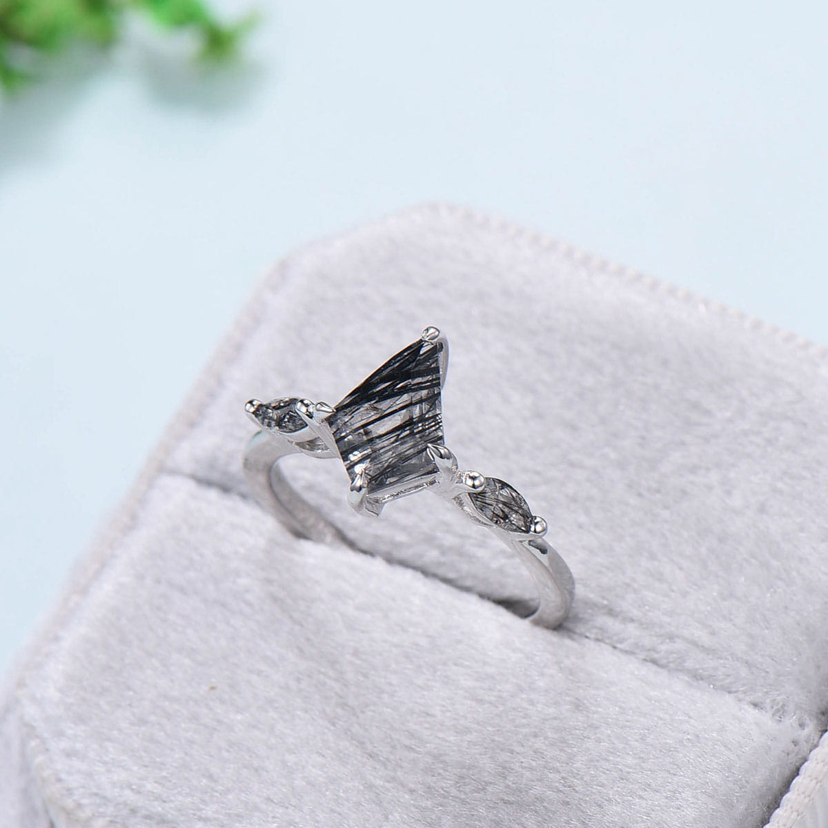 Kite cut black rutilated quartz ring minimalist marquise cut black tourmaline 3 stone engagement ring Dainty wedding ring anniversary gift - PENFINE