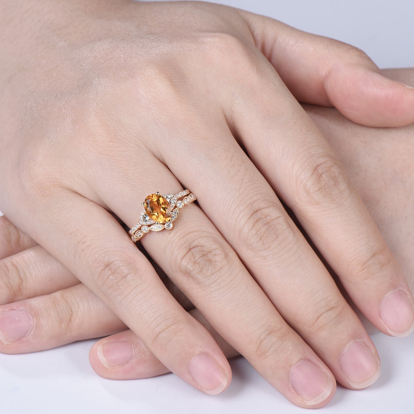 Oval Cut Natural Citrine Engagement Ring Diamond Matching Band Cluster Bridal Set