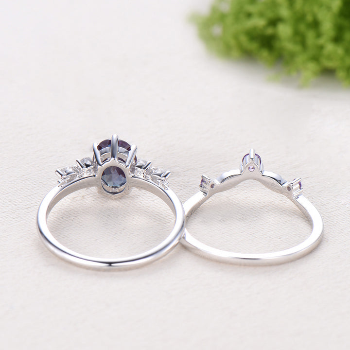 Unique Alexandrite Engagement Ring Set, 14k White Gold Moonstone June Birthstone Wedding Set, Leaf Amethyst Promise Stacking Band Bridal Set