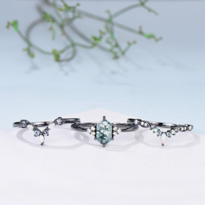 3pcs Black Gold Moss Agate Wedding Ring Set, Long Hexagon Natural Green Agate Gothic Engagement Ring, Unique Alexandrite Opal Stacking Band - PENFINE