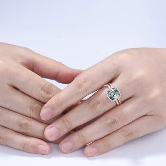 3ct Cushion Natural Moss Agate Engagement Ring Set, 14k Rose Gold Halo Diamond Bridal Ring, Art Deco Full Eternity Milgrain Band