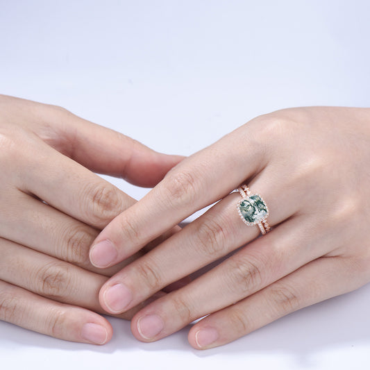 3ct Cushion Natural Moss Agate Engagement Ring Set, 14k Rose Gold Halo Diamond Bridal Ring, Art Deco Full Eternity Milgrain Band