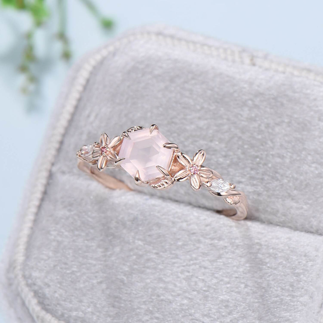 Nature Inspired Flower Rose Quartz Engagement Ring Vintage Unique Retro Pink Tourmaline Wedding Ring Leaves Twisted Wedding Ring For Women - PENFINE