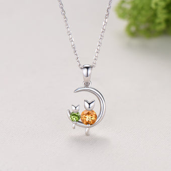 Art Deco cat citrine peridot necklace silver white gold moon family pendant anniversary promise gift for women