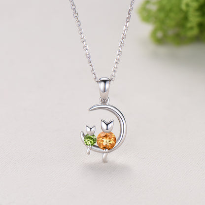 Art Deco cat citrine peridot necklace silver white gold moon family pendant anniversary promise gift for women