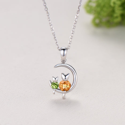 Art Deco cat citrine peridot necklace silver white gold moon family pendant anniversary promise gift for women