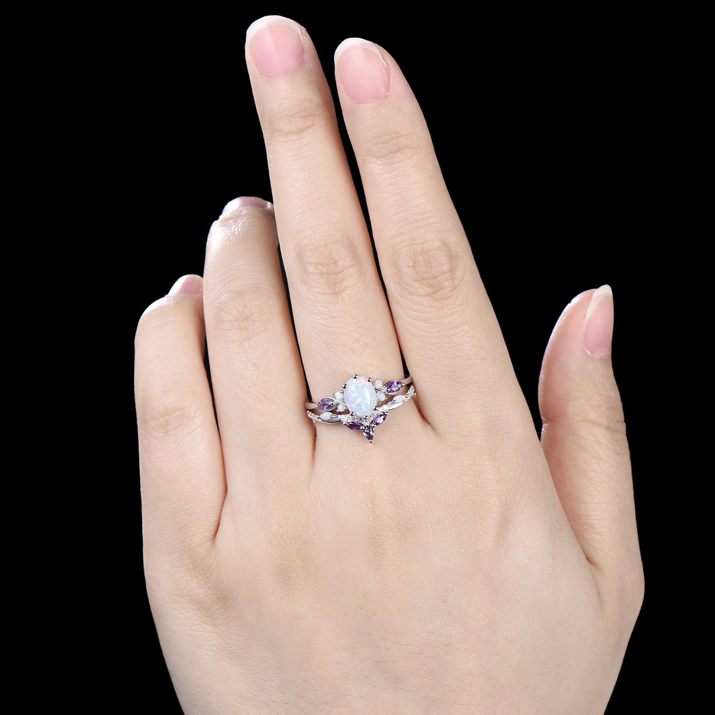 Vintage oval opal engagement ring set 14k white gold twisted unique fire opal amethyst wedding ring set art deco anniversary gift bridal set