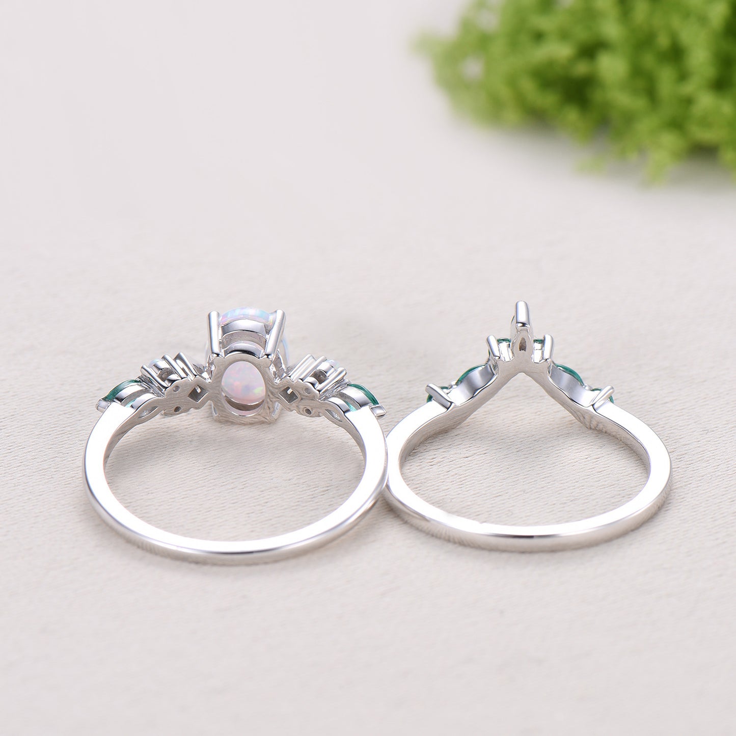 Unique Oval White Opal Engagement Ring Set , Art Deco Emerald/Turquoise Matching Band 14K White Gold Opal Emerald Wedding Bridal Set