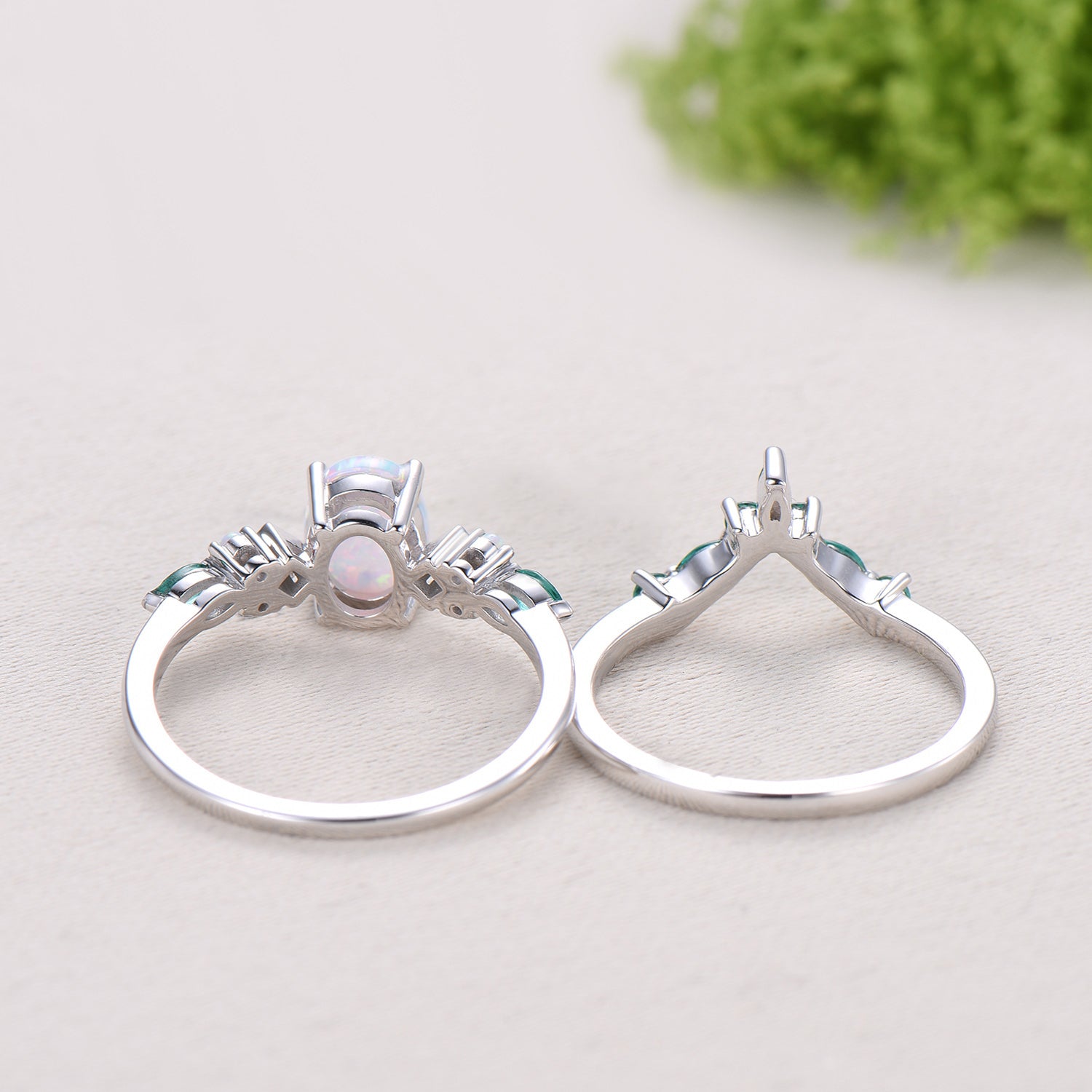 Unique Oval White Opal Engagement Ring Set , Art Deco Emerald/Turquoise Matching Band 14K White Gold Opal Emerald Wedding Bridal Set