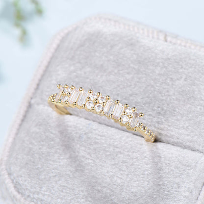 Baguette cut moissanite wedding ring Unique Half Eternity Moissanite Stacking matching ring Bridal ring,Yellow gold Anniversary band ring - PENFINE