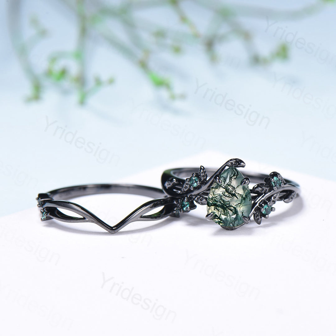 Black gold pear shaped moss agate wedding ring set, Nature inspired green agate twig vine engagement ring set, Leafy bridal ring set for her - PENFINE