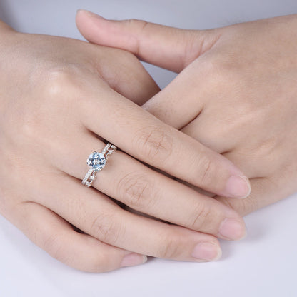 7mm Round Cut Aquamarine Engagement Ring Set - Diamond Wave Wedding Band
