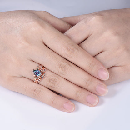 Pear Shaped Alexandrite Ring Set Leaf Vine Moss Agate Wedding Promise Gift