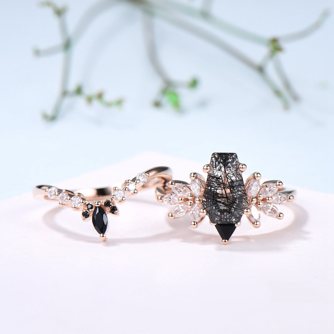 Unique Coffin Cut Black Rutilated Engagement Ring Set Art Deco Marquise Black Quartz Wedding Ring Moissanite Bridal Ring Birthday Gift Women - PENFINE