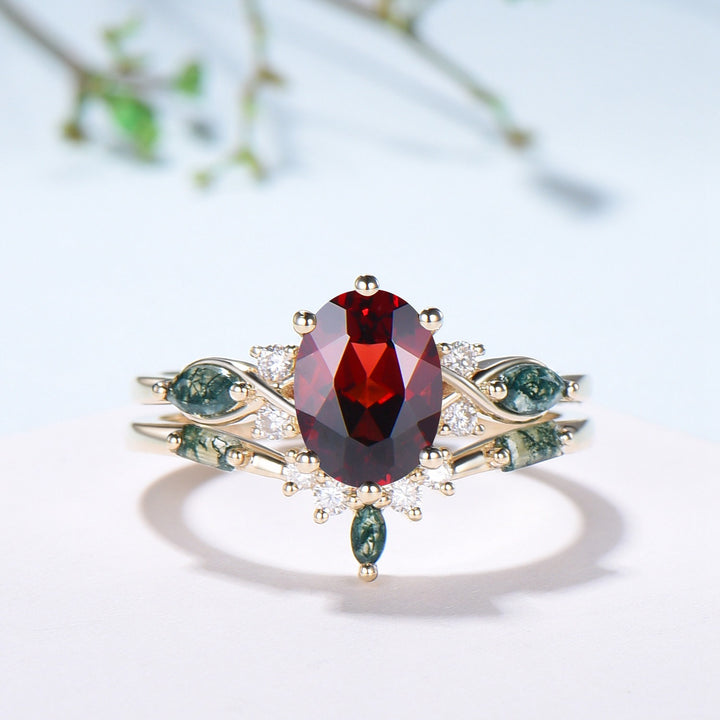 Vintage Oval Garnet Engagement Ring Set, Accent Marquise Moss Agate Yellow Gold Bridal Ring - PENFINE