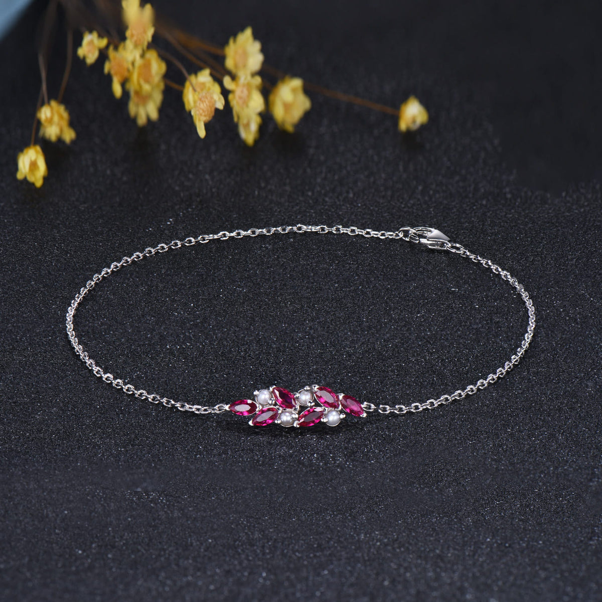 Vintage Marquise Ruby and Pearl Bracelet, Silver Cluster Wedding Bracelet Anniversary Gift for Wife