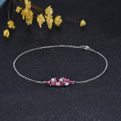 Vintage Marquise Ruby and Pearl Bracelet, Silver Cluster Wedding Bracelet Anniversary Gift for Wife