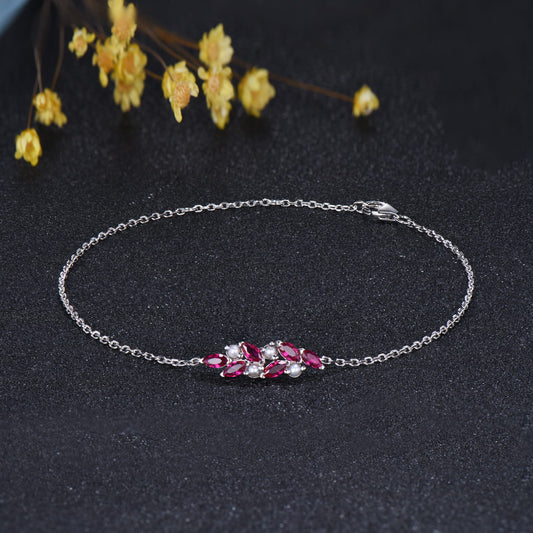 Vintage Marquise Ruby and Pearl Bracelet, Silver Cluster Wedding Bracelet Anniversary Gift for Wife