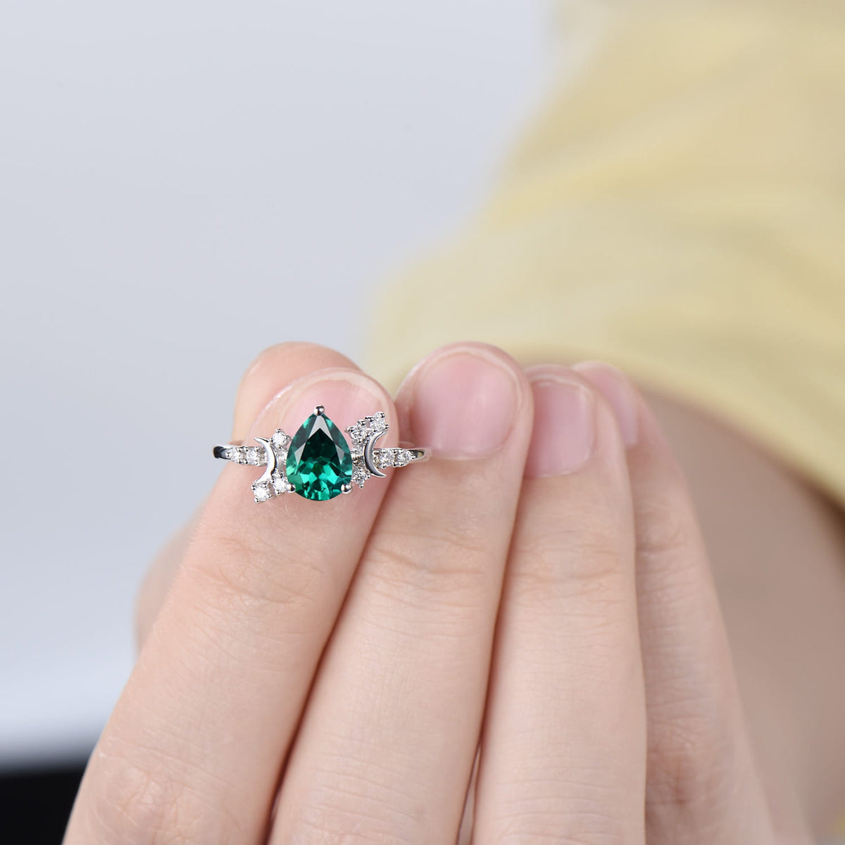 Vintage emerald engagement ring crescent moon pear shaped green gemstone promise ring Unique cluster moissanite anniversary gift for Women