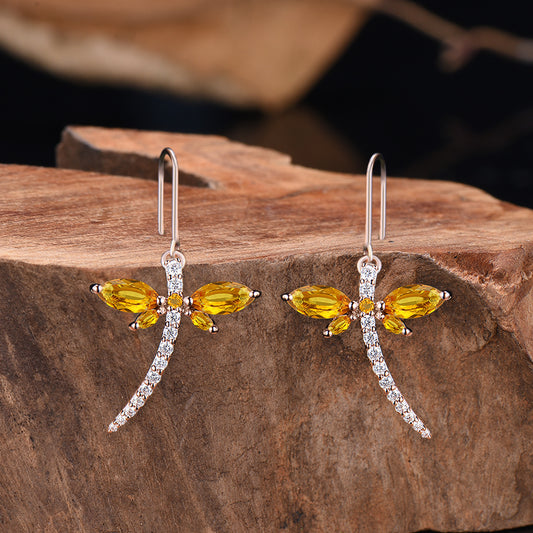 Elegant dragonfly marqusie cut citrine earrings November birthstone fine jewelry - PENFINE