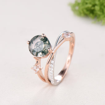 Unique Two Tone Rose White Gold Moss Agate Ring, 7mm Round Agate Split Shank Engagement Ring Twisted Diamond Band Unique Anniversary Gift