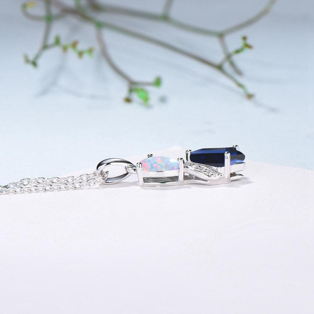 Unique Opal Sapphire Necklace Pendant Women Alternative Moissanite Pear Shaped Opal & Kite Blue Sapphire - PENFINE
