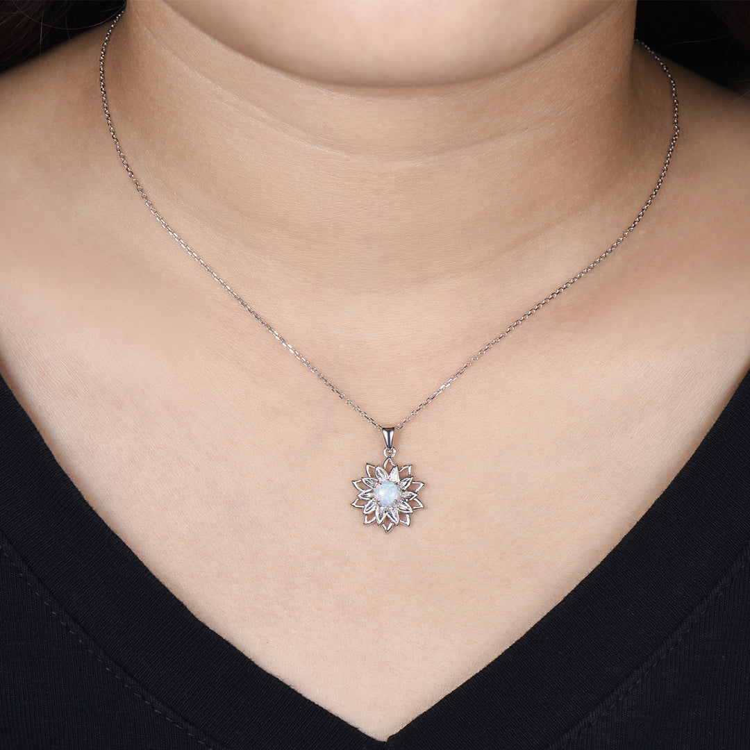 Vintage Sunflower White Opal Pendant Necklace fire opal leafy necklace elegant spinner pendant October birthstone anniversary gifts for mom