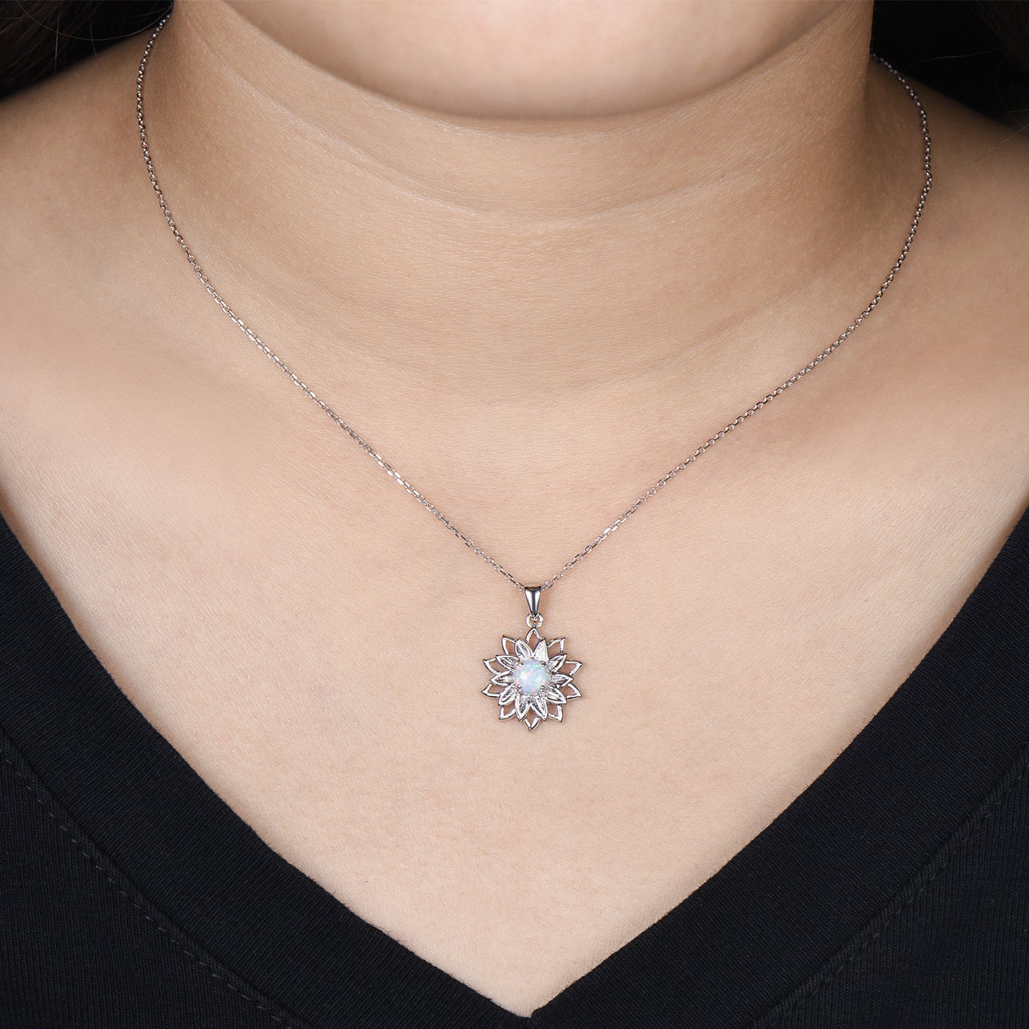 Vintage Sunflower White Opal Pendant Necklace fire opal leafy necklace elegant spinner pendant October birthstone anniversary gifts for mom