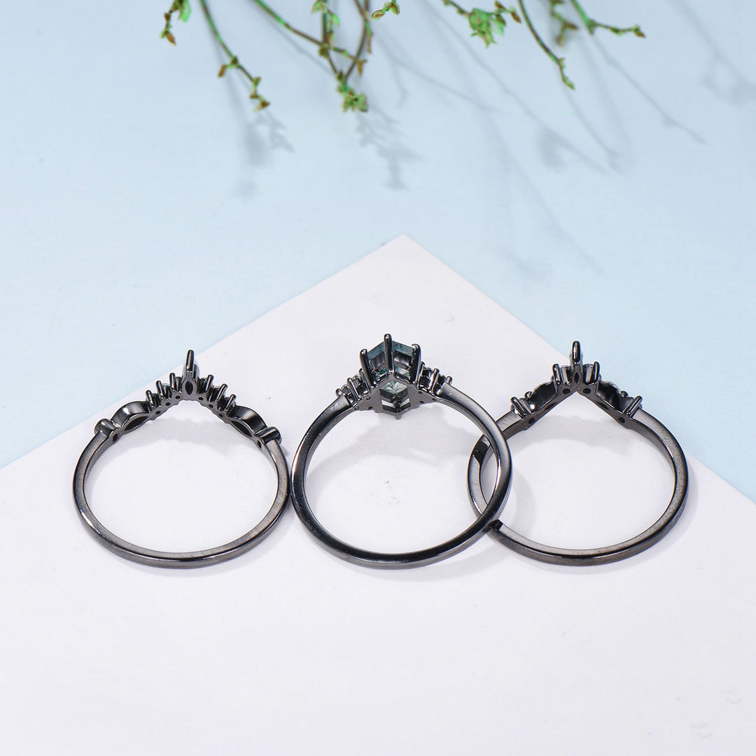 3pcs Black Gold Moss Agate Wedding Ring Set, Long Hexagon Natural Green Agate Gothic Engagement Ring, Unique Alexandrite Opal Stacking Band - PENFINE