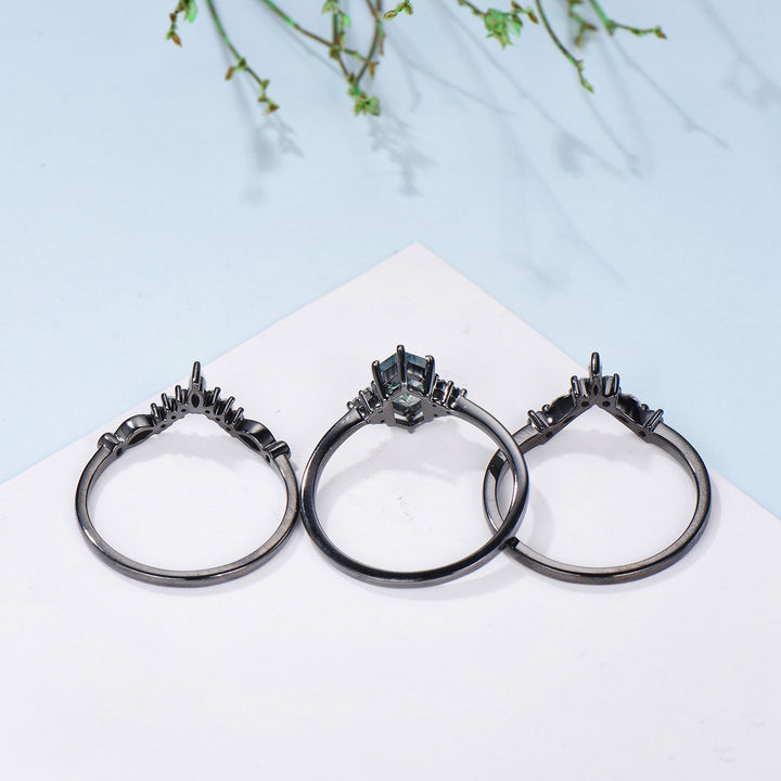 3pcs Black Gold Moss Agate Wedding Ring Set, Long Hexagon Natural Green Agate Gothic Engagement Ring, Unique Alexandrite Opal Stacking Band - PENFINE