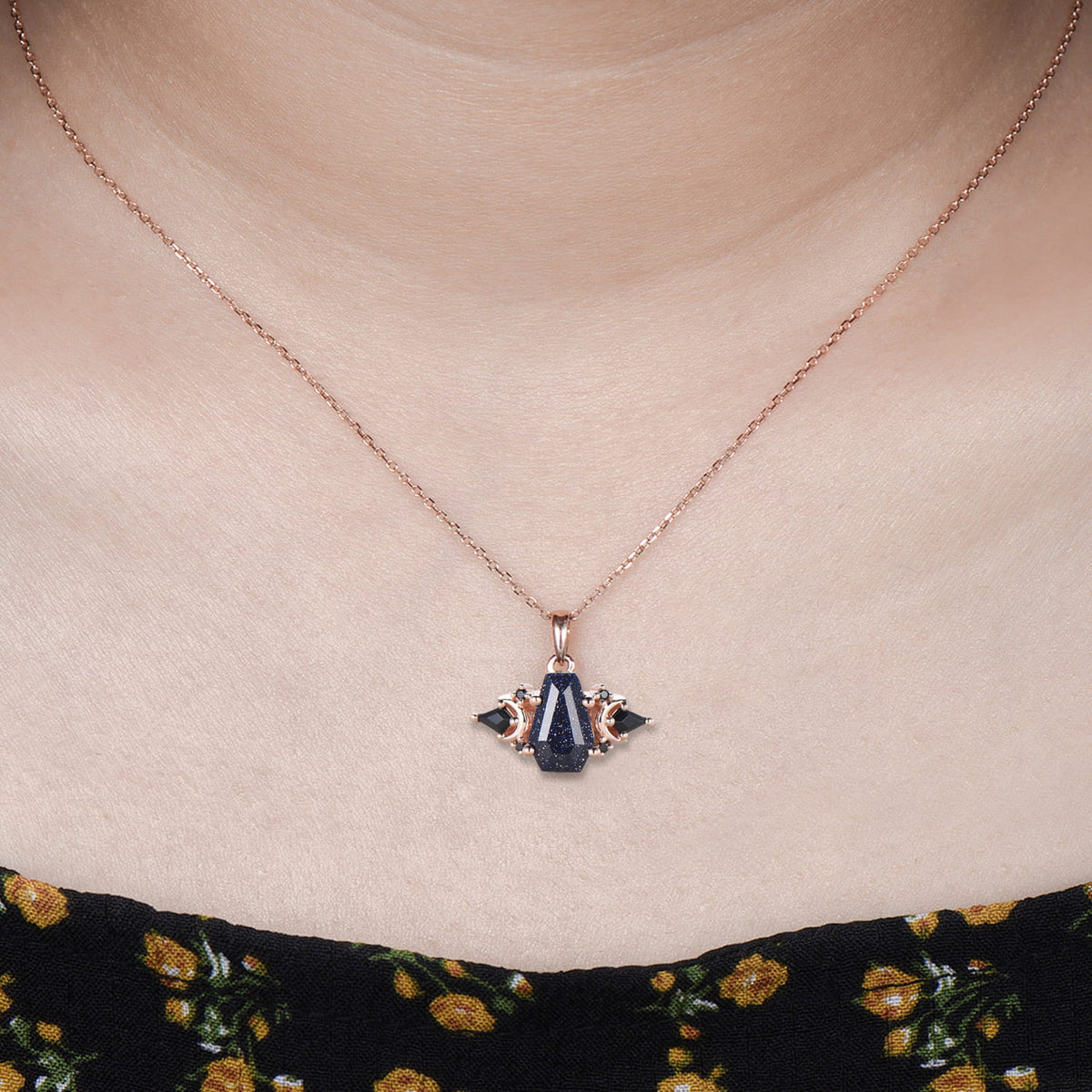 Coffin Cut Blue Sandstone Moon Gothic Necklace Black Spinel Rose Gold Pendant