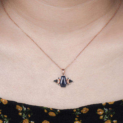 Coffin Cut Blue Sandstone Moon Gothic Necklace Black Spinel Rose Gold Pendant