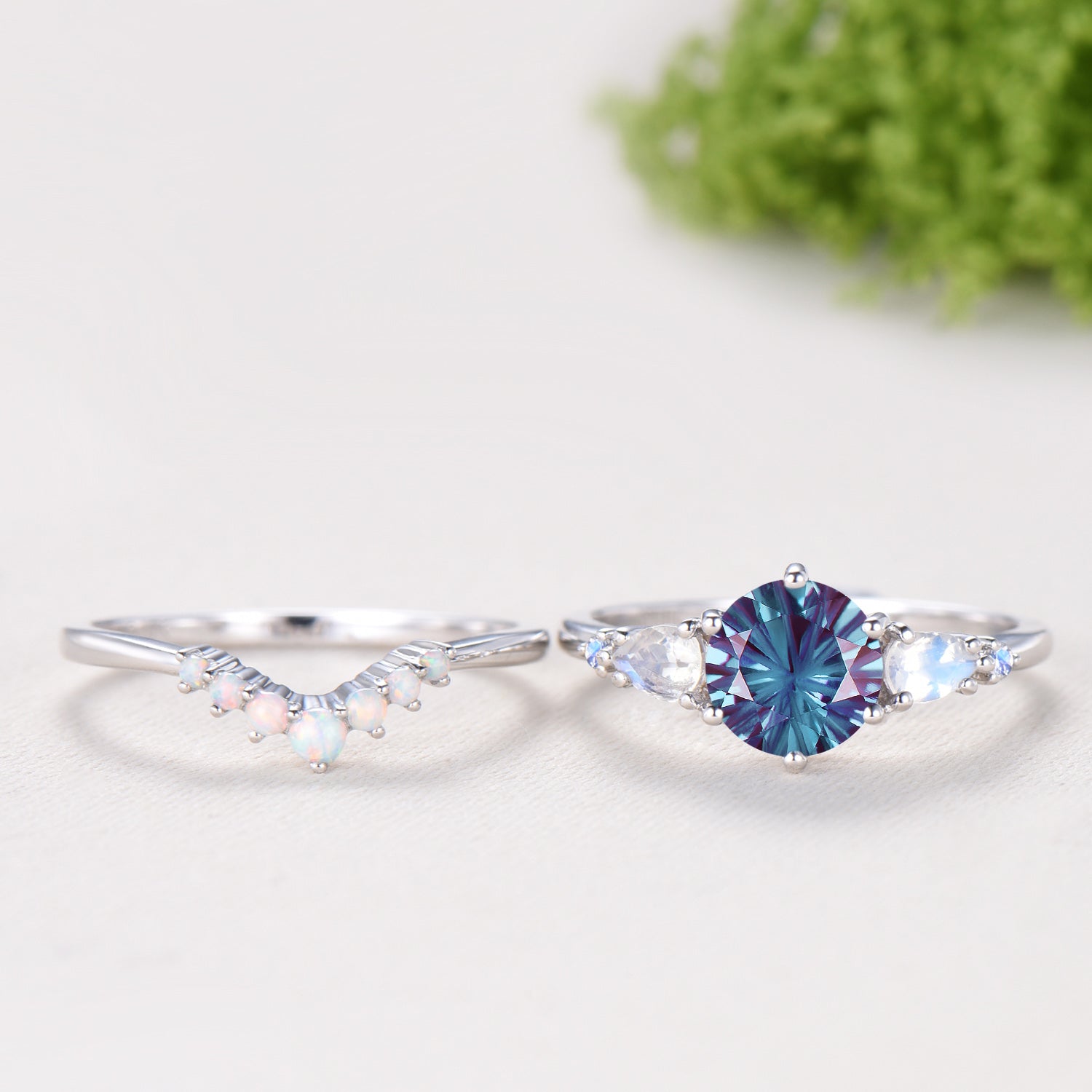 Vintage round cut firework cut alexandrite engagement ring set five stone moonstone band Unique opal bridal wedding ring set for women