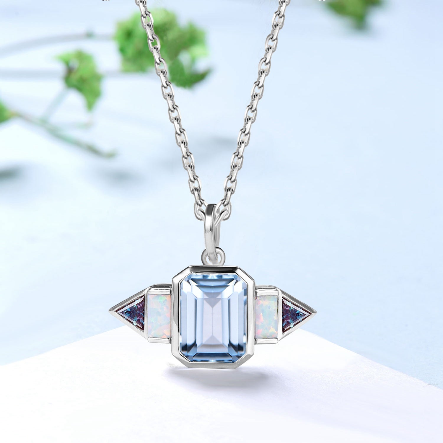 Vintage Emerald Cut AqumarineNecklace | East-West Opal & Alexandrite Pendant - PENFINE