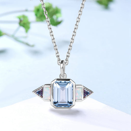 Vintage Emerald Cut AqumarineNecklace | East-West Opal & Alexandrite Pendant - PENFINE