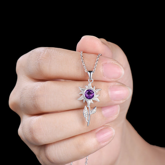 Unique Natural Amethyst Necklace Solitaire leaf Sunflower Pendant Nature Inspired Wedding Necklace