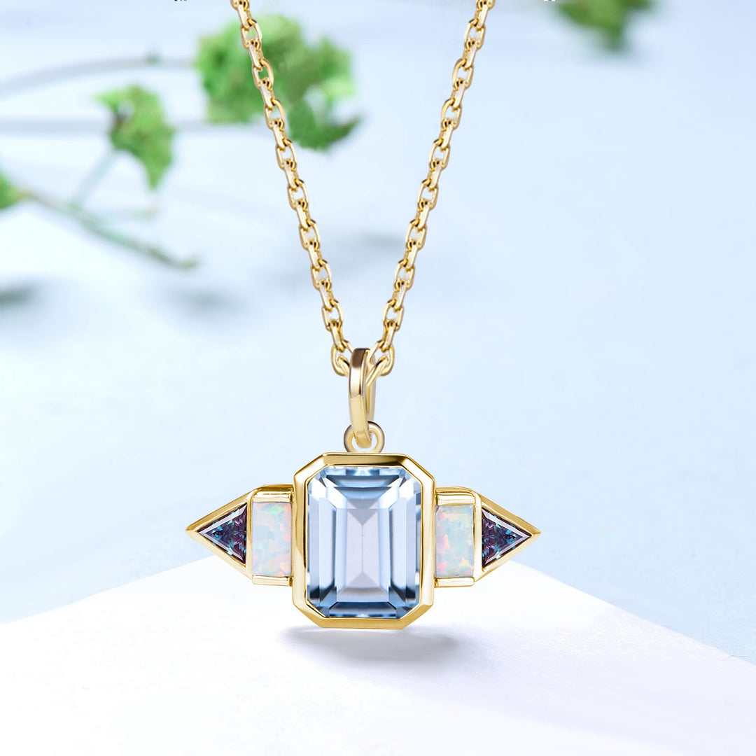 Vintage Emerald Cut AqumarineNecklace | East-West Opal & Alexandrite Pendant - PENFINE