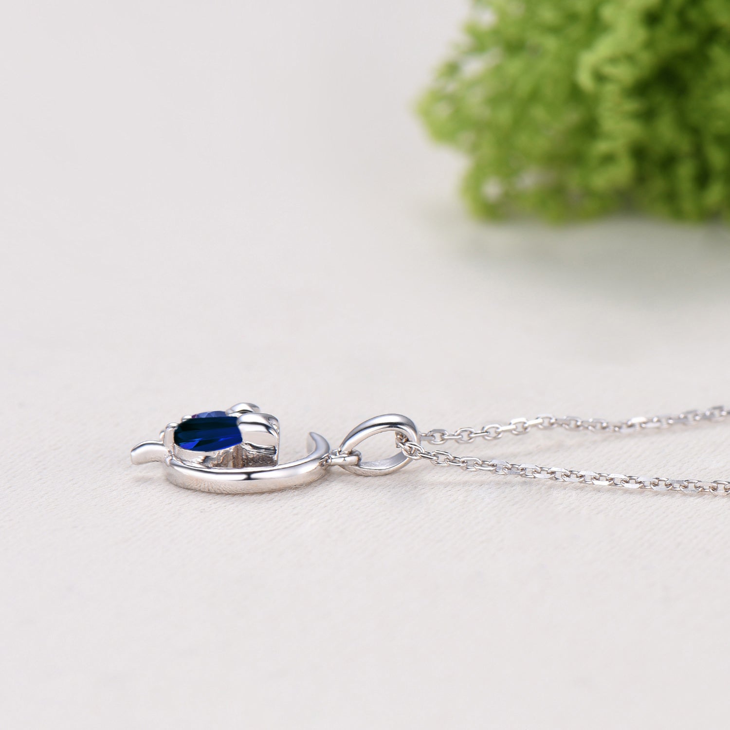 Dainty cat tanzanite sapphire necklace cute silver white gold moon family pendant personalized Two cats lying on the moon rocking chair