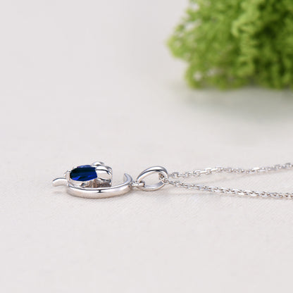 Dainty cat tanzanite sapphire necklace cute silver white gold moon family pendant personalized Two cats lying on the moon rocking chair