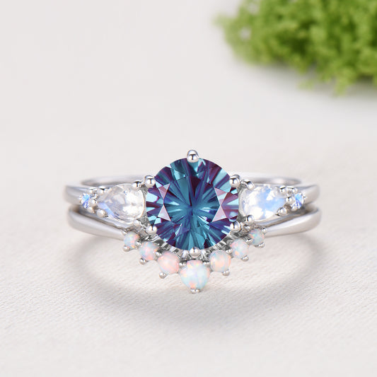 Vintage round cut firework cut alexandrite engagement ring set five stone moonstone band Unique opal bridal wedding ring set for women
