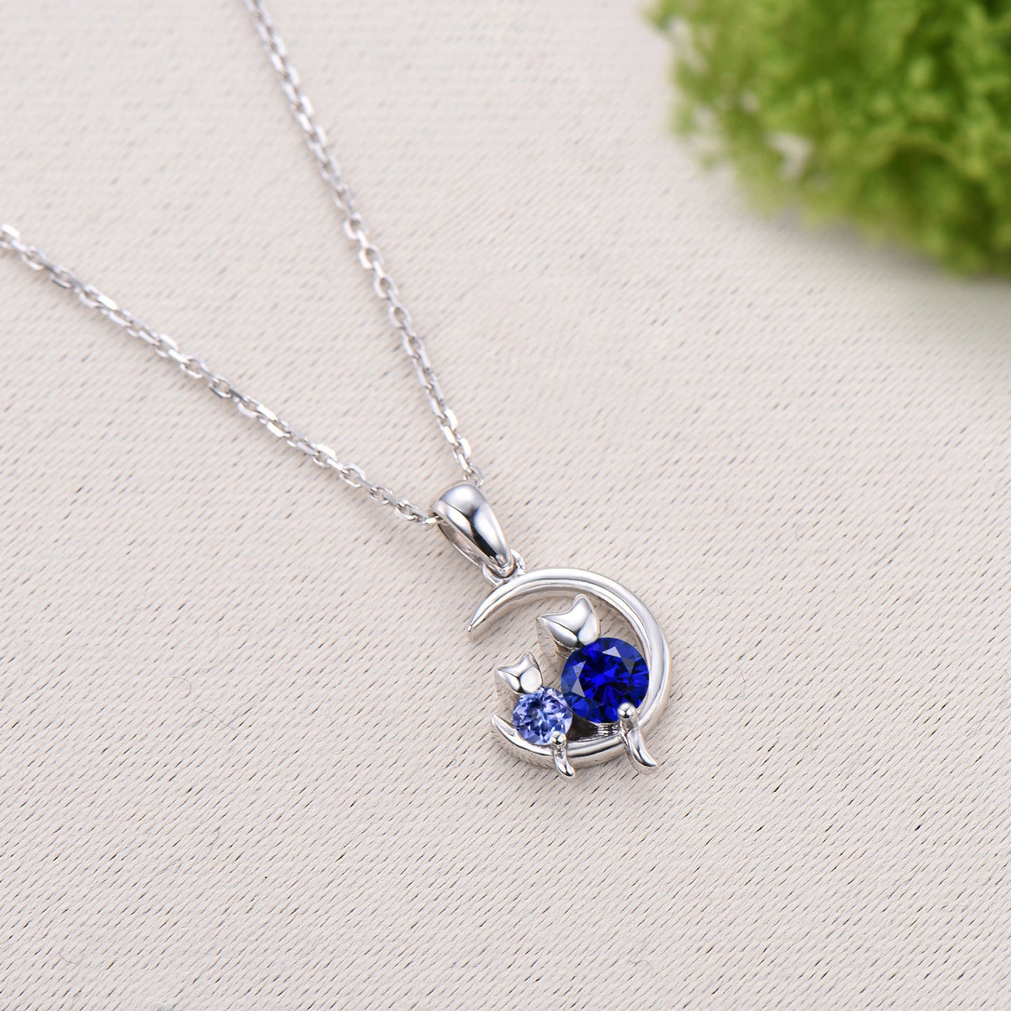 Dainty cat tanzanite sapphire necklace cute silver white gold moon family pendant personalized Two cats lying on the moon rocking chair