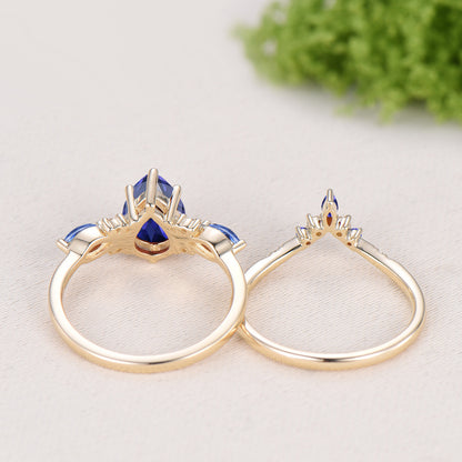 Pear Cut Natural Tanzanite Engagement Ring Diamond Curved Band Yellow Gold Bridal Set