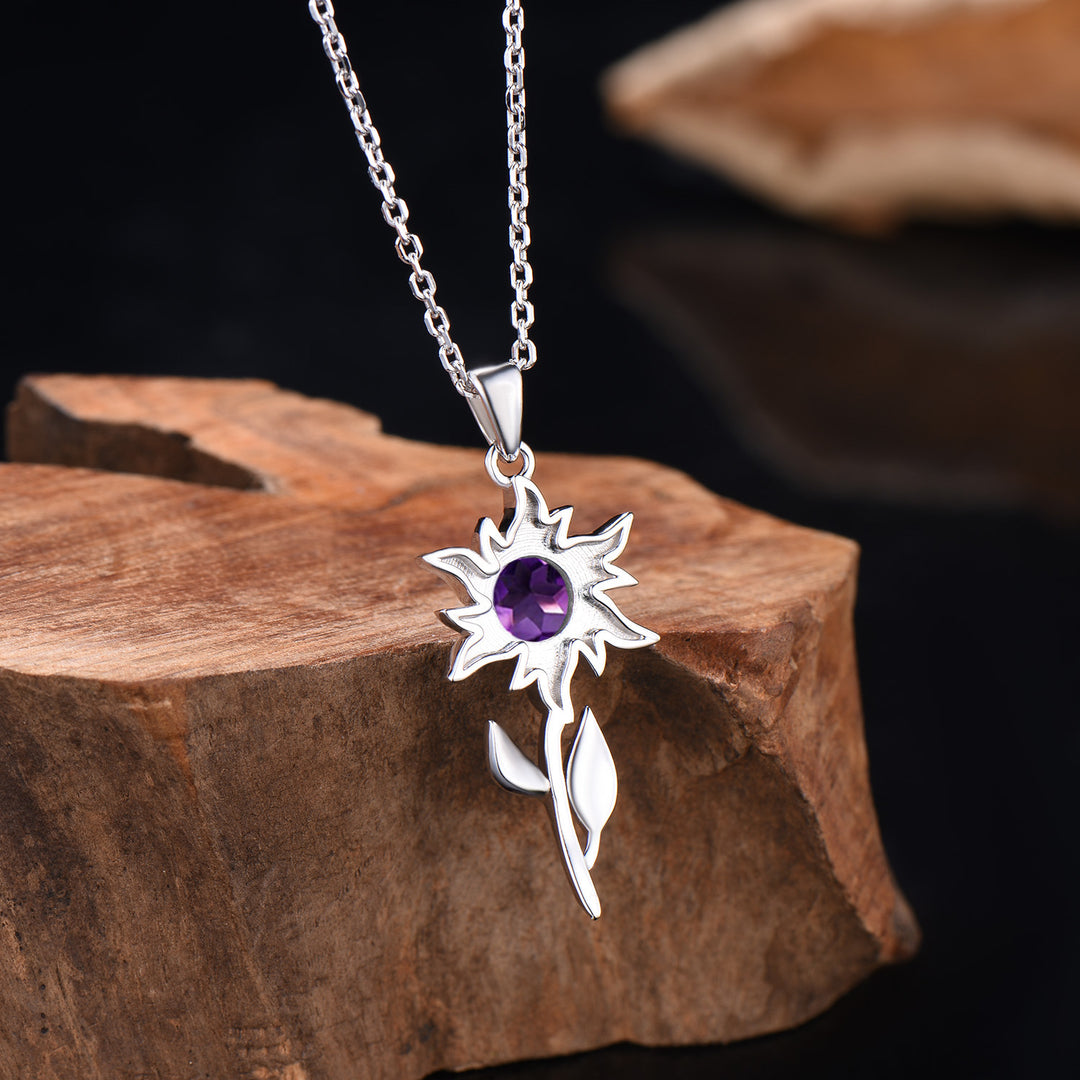 Unique Natural Amethyst Necklace Solitaire leaf Sunflower Pendant Nature Inspired Wedding Necklace