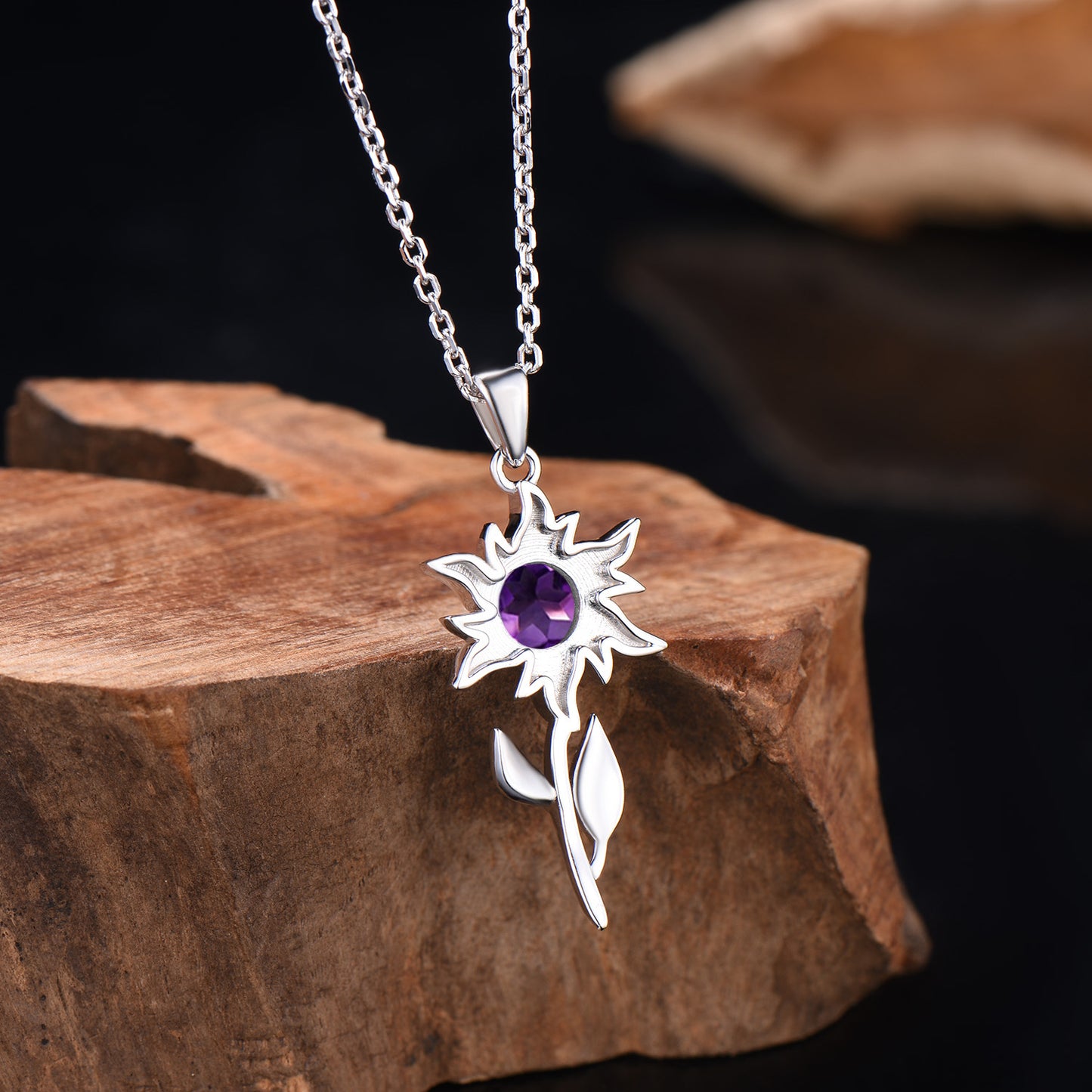 Unique Natural Amethyst Necklace Solitaire leaf Sunflower Pendant Nature Inspired Wedding Necklace