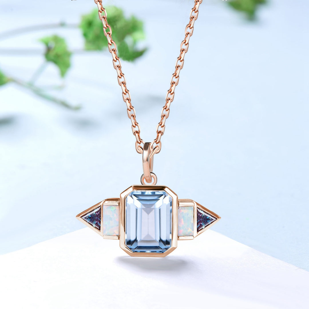 Vintage Emerald Cut AqumarineNecklace | East-West Opal & Alexandrite Pendant - PENFINE