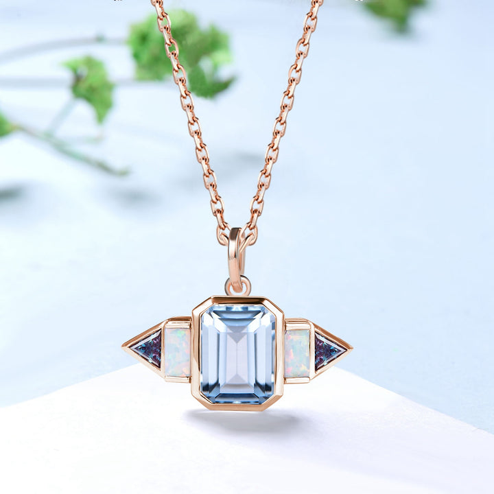 Vintage Emerald Cut AqumarineNecklace | East-West Opal & Alexandrite Pendant - PENFINE
