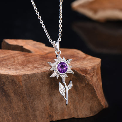 Unique Natural Amethyst Necklace Solitaire leaf Sunflower Pendant Nature Inspired Wedding Necklace