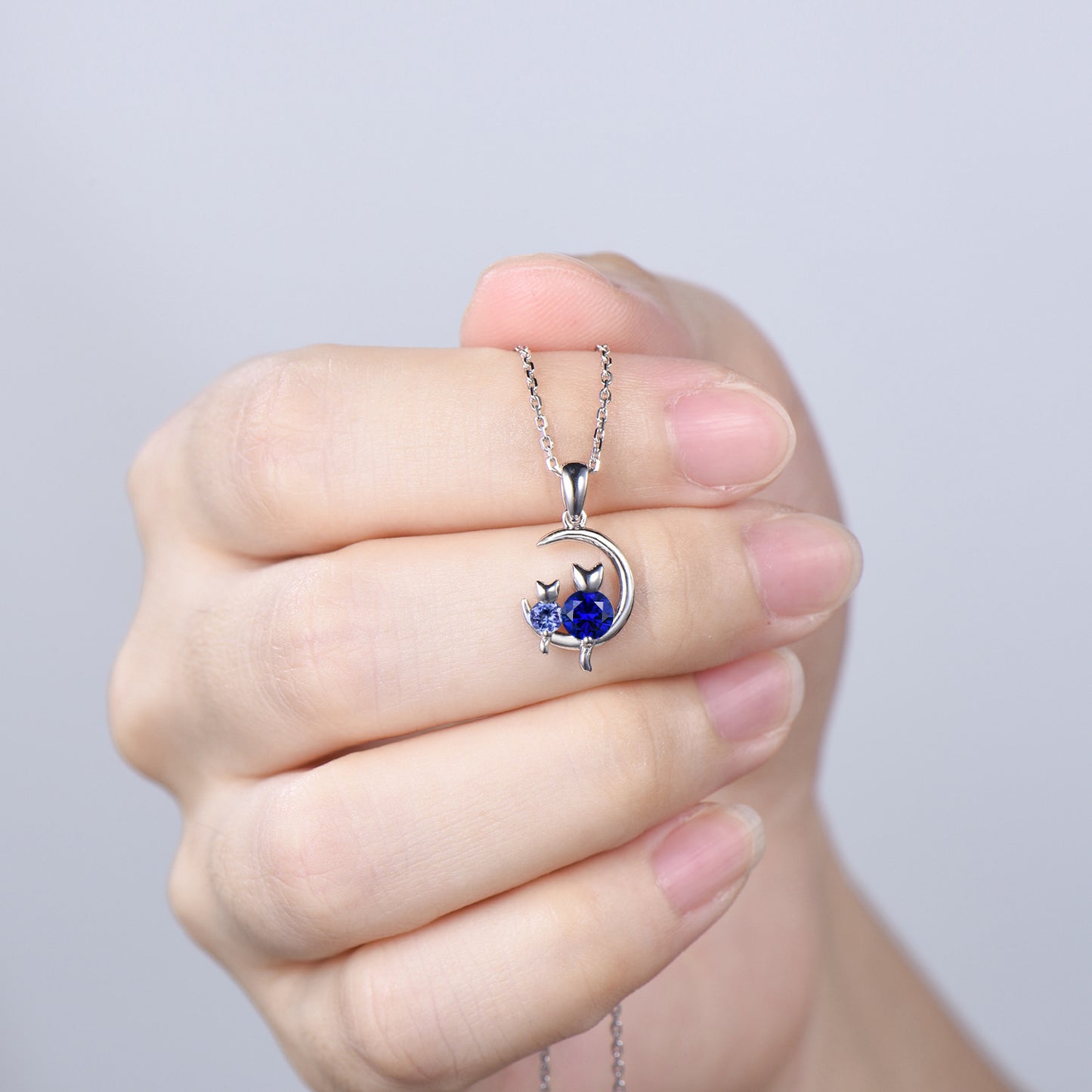 Dainty cat tanzanite sapphire necklace cute silver white gold moon family pendant personalized Two cats lying on the moon rocking chair